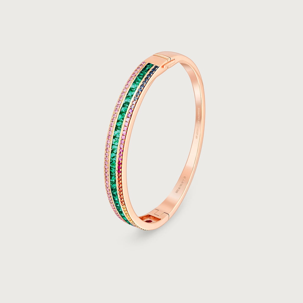 Bracelet Radiant Union en émeraudes et saphirs roses, or rose 18 carats